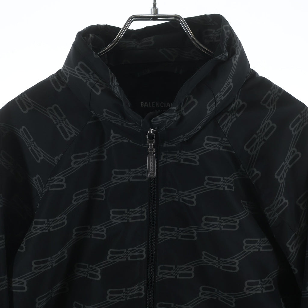 BALENCIAGA(バレンシアガ) BBモノグラム オーバーサイズ 総柄ナイロンジャケット フード付き ポリエステル ダブルジップ ブラック 704494