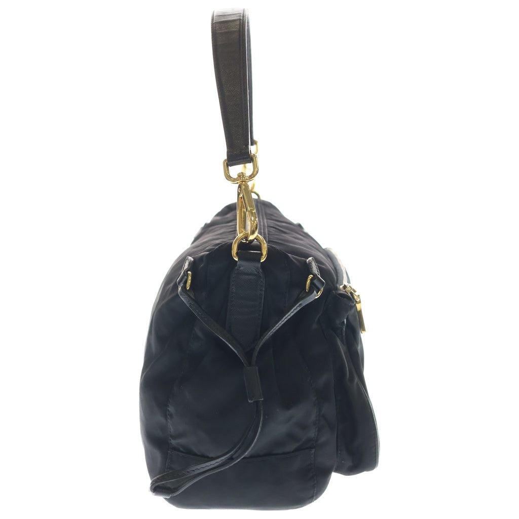 PRADA(プラダ) 三角ロゴ ハンドバッグ ワンショルダーバッグ ブラック レザー×ナイロン BR4080 ゴールド金具 レディース