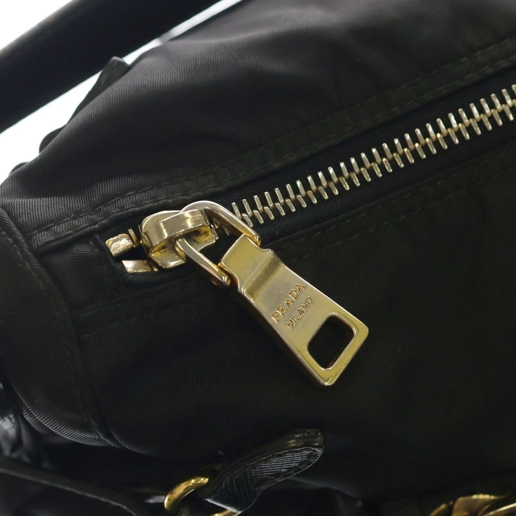 PRADA(プラダ) 三角ロゴ ハンドバッグ ワンショルダーバッグ ブラック レザー×ナイロン BR4080 ゴールド金具 レディース