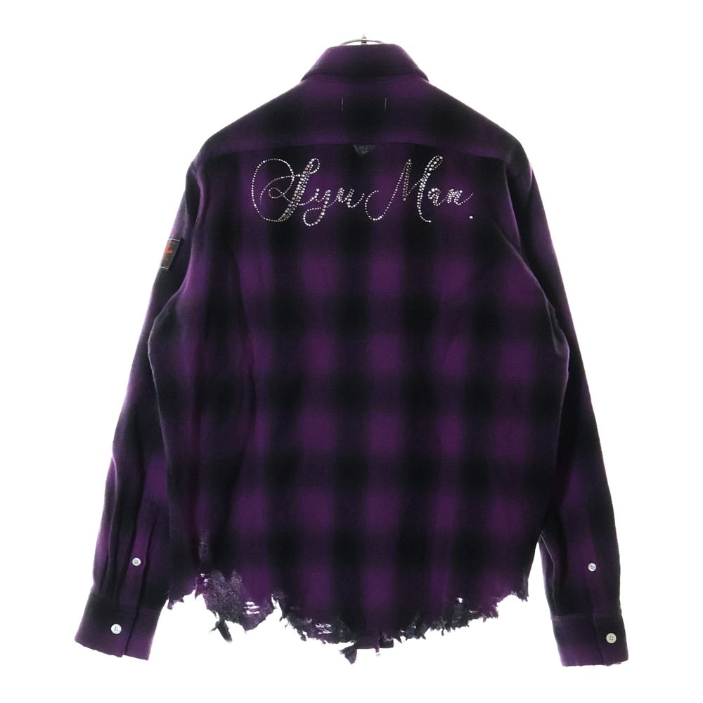 SyuMan(シューマン) 23AW BROKEN LONG SLEEVES WITH RHINESTONE TYPE2 ダメージ加工 ラインストーン フランネル チェック シャツ パープル/ブラック YO23aw-03