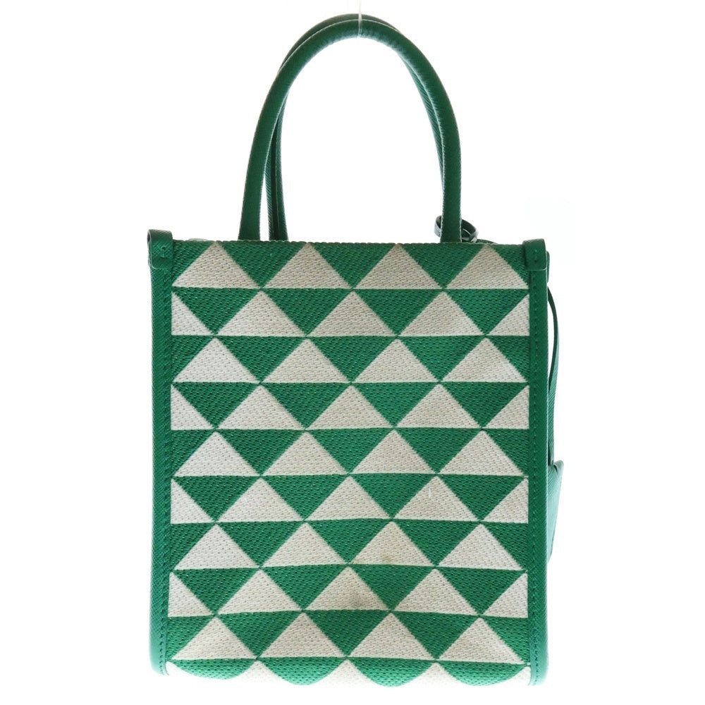 PRADA(プラダ) シンボル エンブロイダリー ミニ 2WAYバッグ ハンドバッグ ショルダーバッグ キャンバス×レザー ホワイト×グリーン ゴールド金具 1BA355