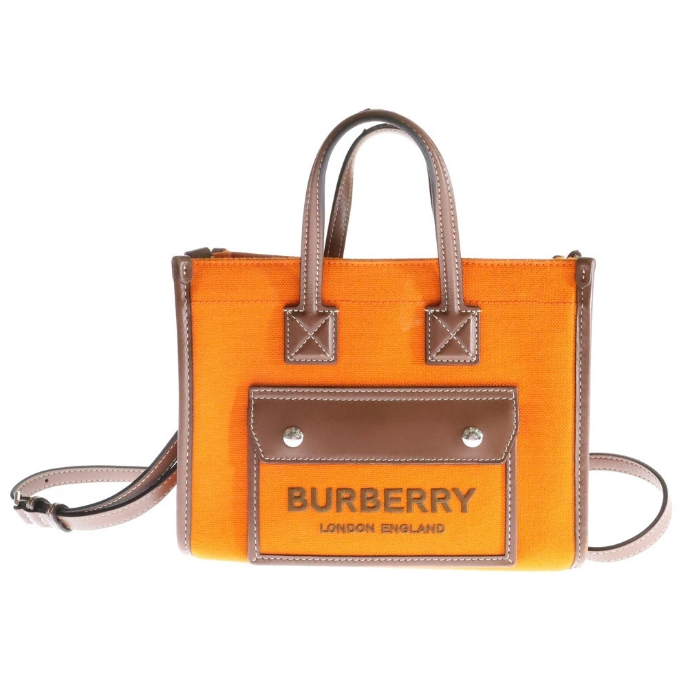 BURBERRY(バーバリー) ミニフレアトート ロゴ レザー切替 キャンパスショルダーバッグ オレンジ×ブラウン レディース 8055749