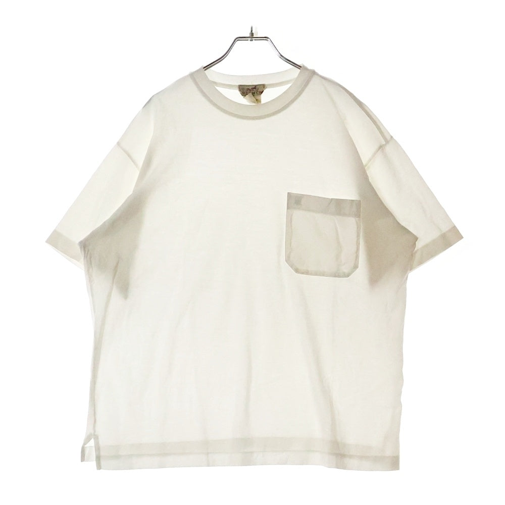 HERMES(エルメス) Hロゴ刺繍 コットンクルーネックカットソー 半袖ポケットTシャツ ホワイト