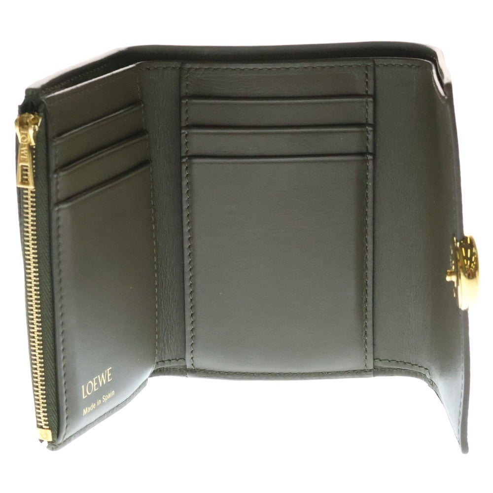 LOEWE(ロエベ) ぺブル バーティカル アナグラムロゴ カーフスキン レザー スモール コンパクトウォレット 三つ折り財布 ゴールド金具 カーキ/オリーブ