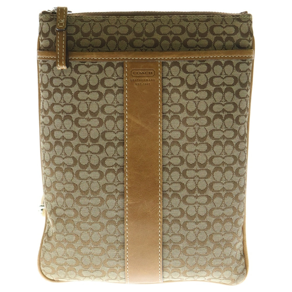COACH(コーチ) シグネチャーショルダーバッグ ミニバッグ フォンショルダー フォンポーチ ブラウン キャメル レザー×キャンバス シルバー金具