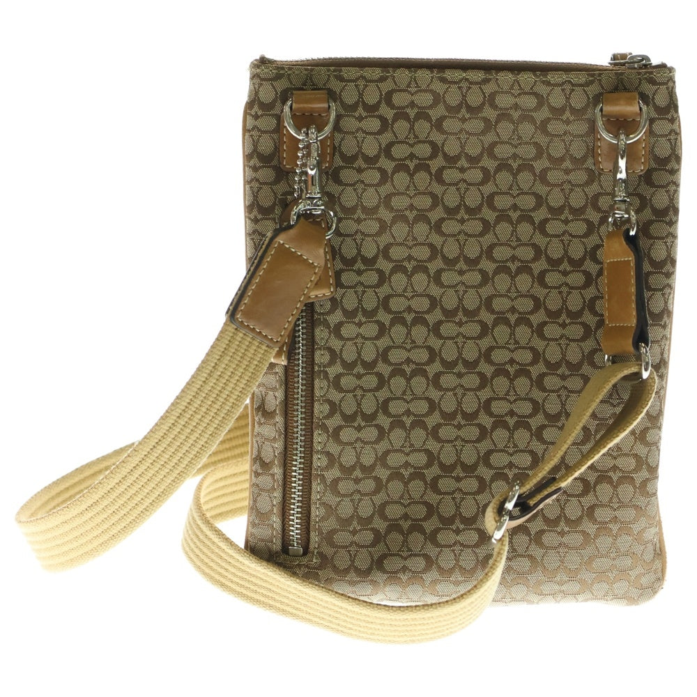 COACH(コーチ) シグネチャーショルダーバッグ ミニバッグ フォンショルダー フォンポーチ ブラウン キャメル レザー×キャンバス シルバー金具