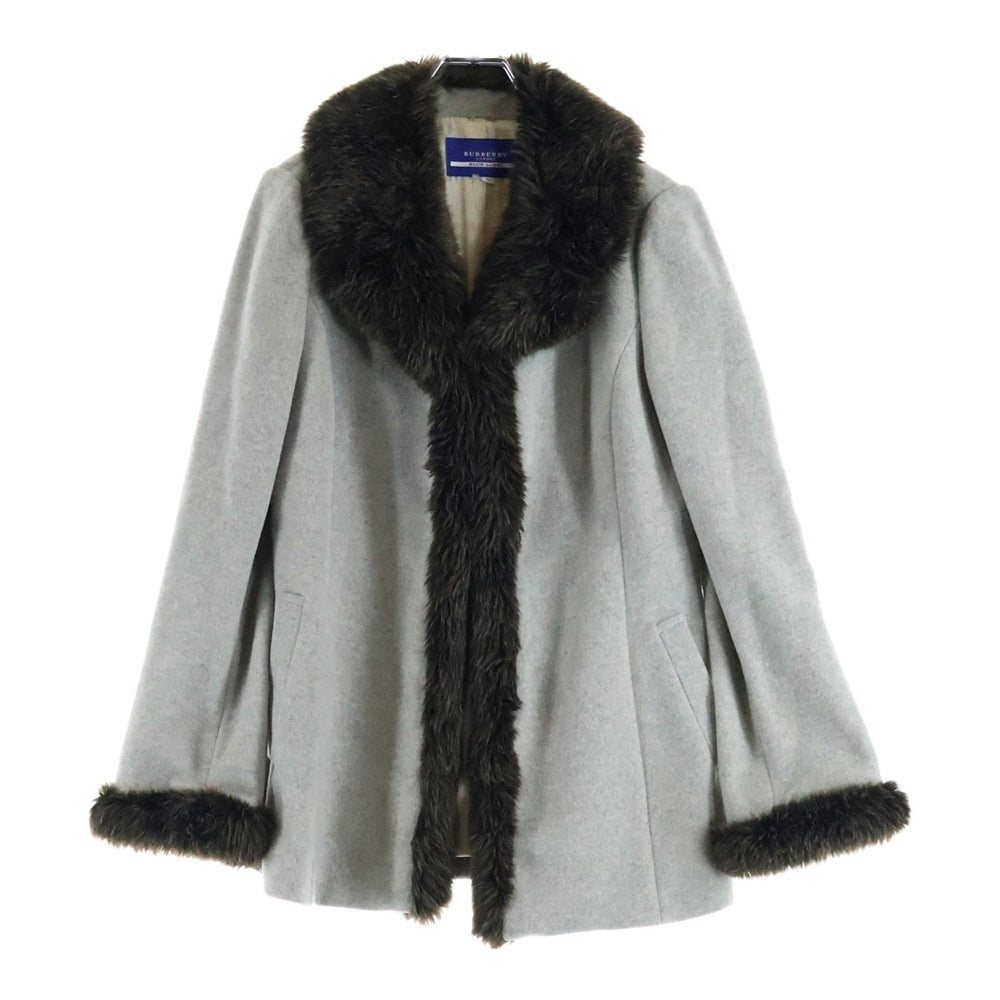 BURBERRY BLUE LABEL(バーバリーブルーレーベル) フェイクファー ウール フロントフック ロングジャケット コート グレー レディース FCF77-810