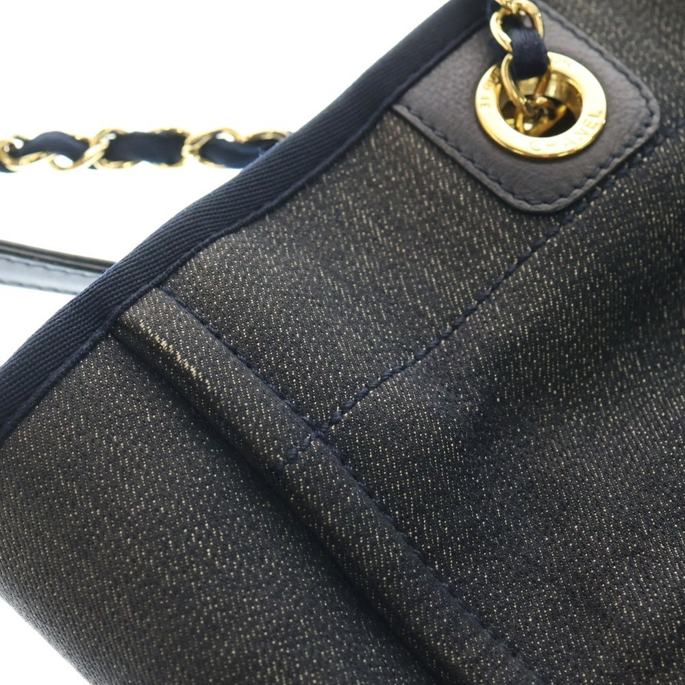 CHANEL(シャネル) ドーヴィルGM ココマーク ロゴ キャンバス レザー チェーン ハンド ショルダー トートバッグ ゴールド金具 グレー/ネイビー 18番台