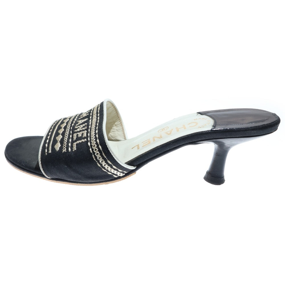 CHANEL(シャネル) ロゴ刺繍 ナイロン レザー ヒール ミュールサンダル シューズ ブラック レディース