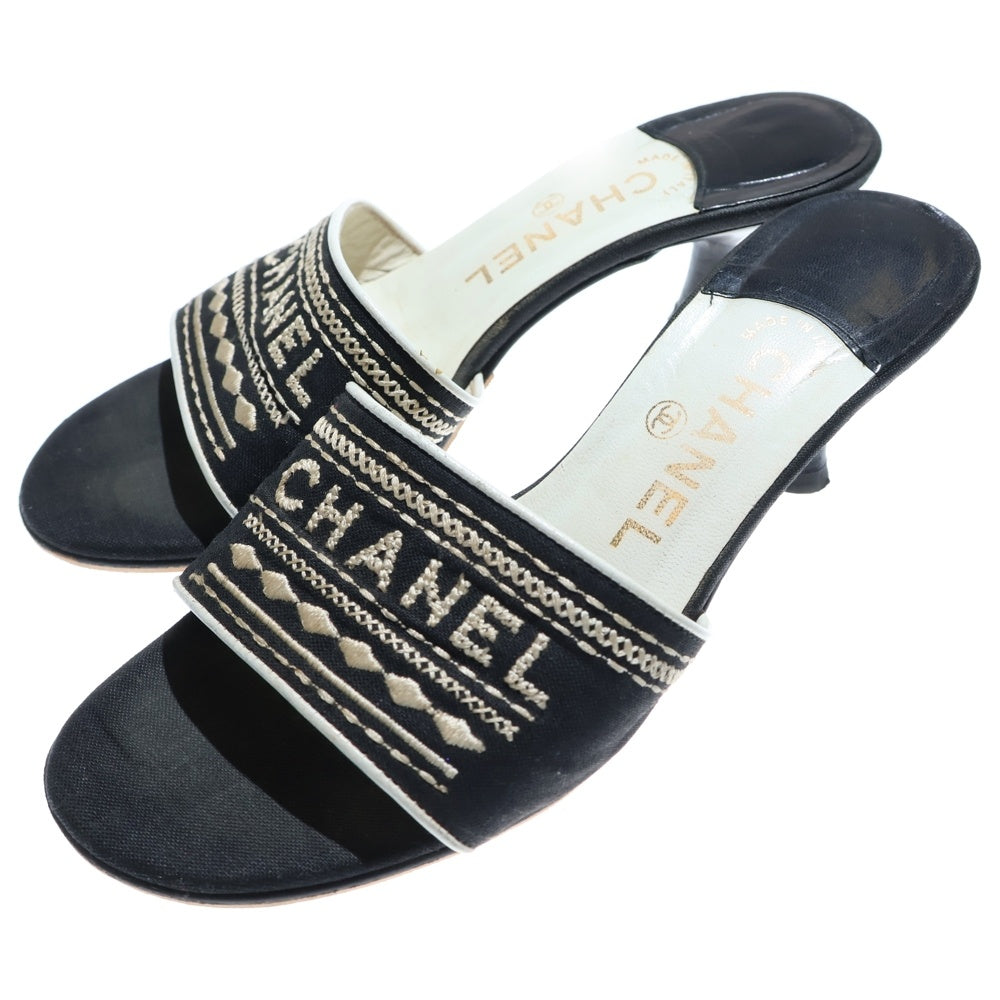CHANEL(シャネル) ロゴ刺繍 ナイロン レザー ヒール ミュールサンダル シューズ ブラック レディース