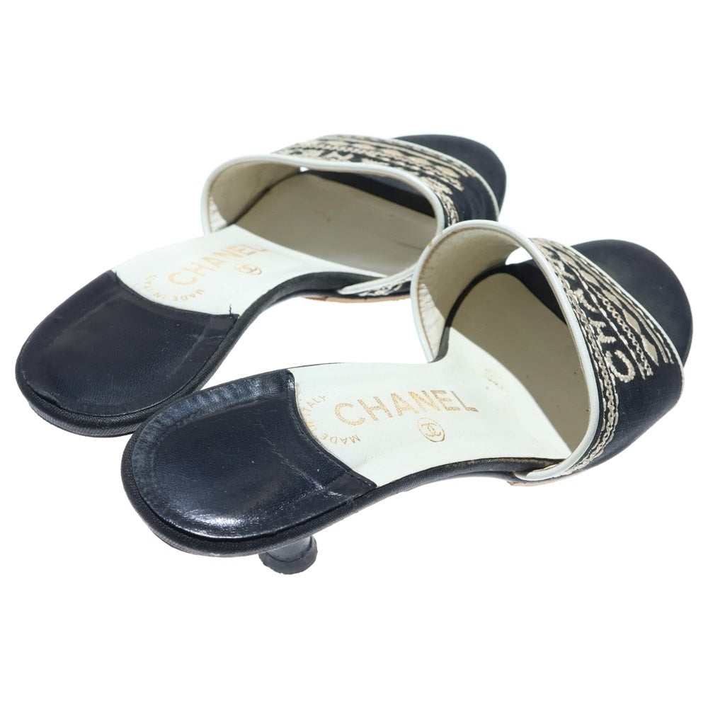 CHANEL(シャネル) ロゴ刺繍 ナイロン レザー ヒール ミュールサンダル シューズ ブラック レディース