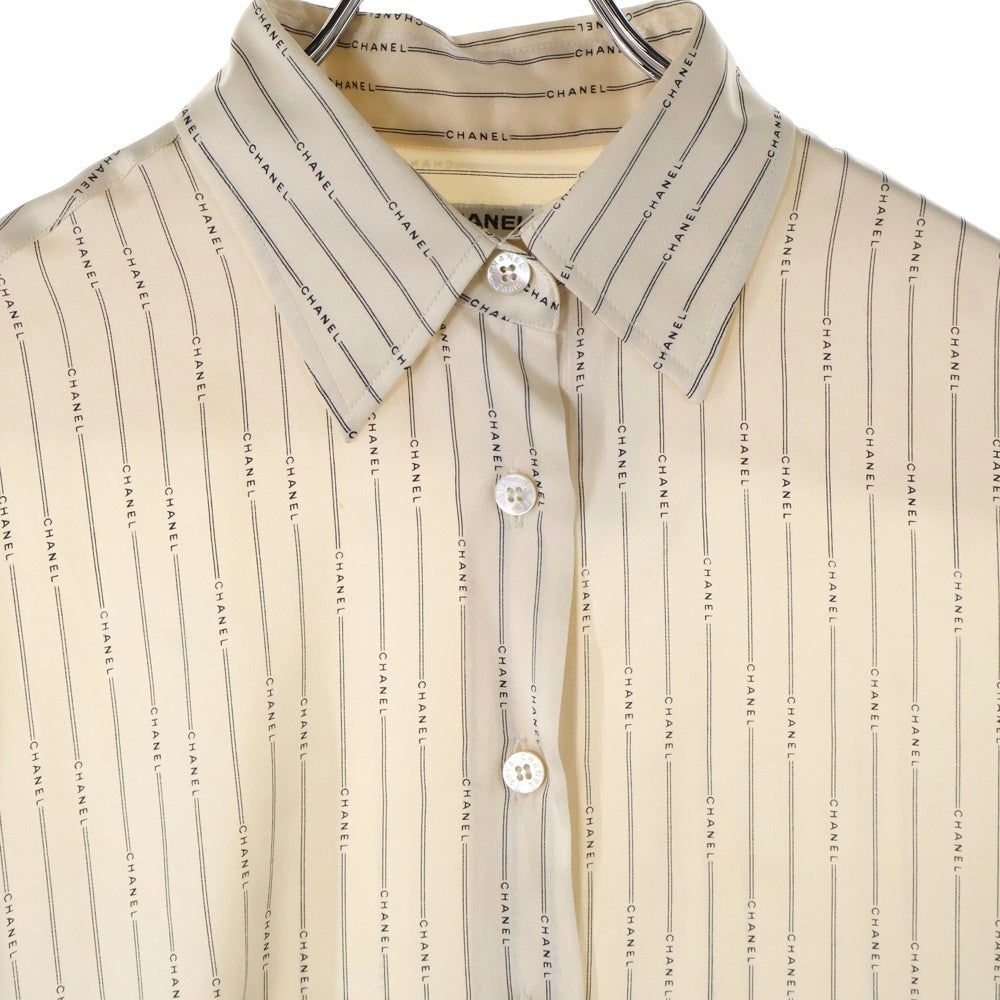 CHANEL(シャネル) ココマーク パールボタン ロゴストライプシルク長袖シャツ ベージュ 99A P13804V07886