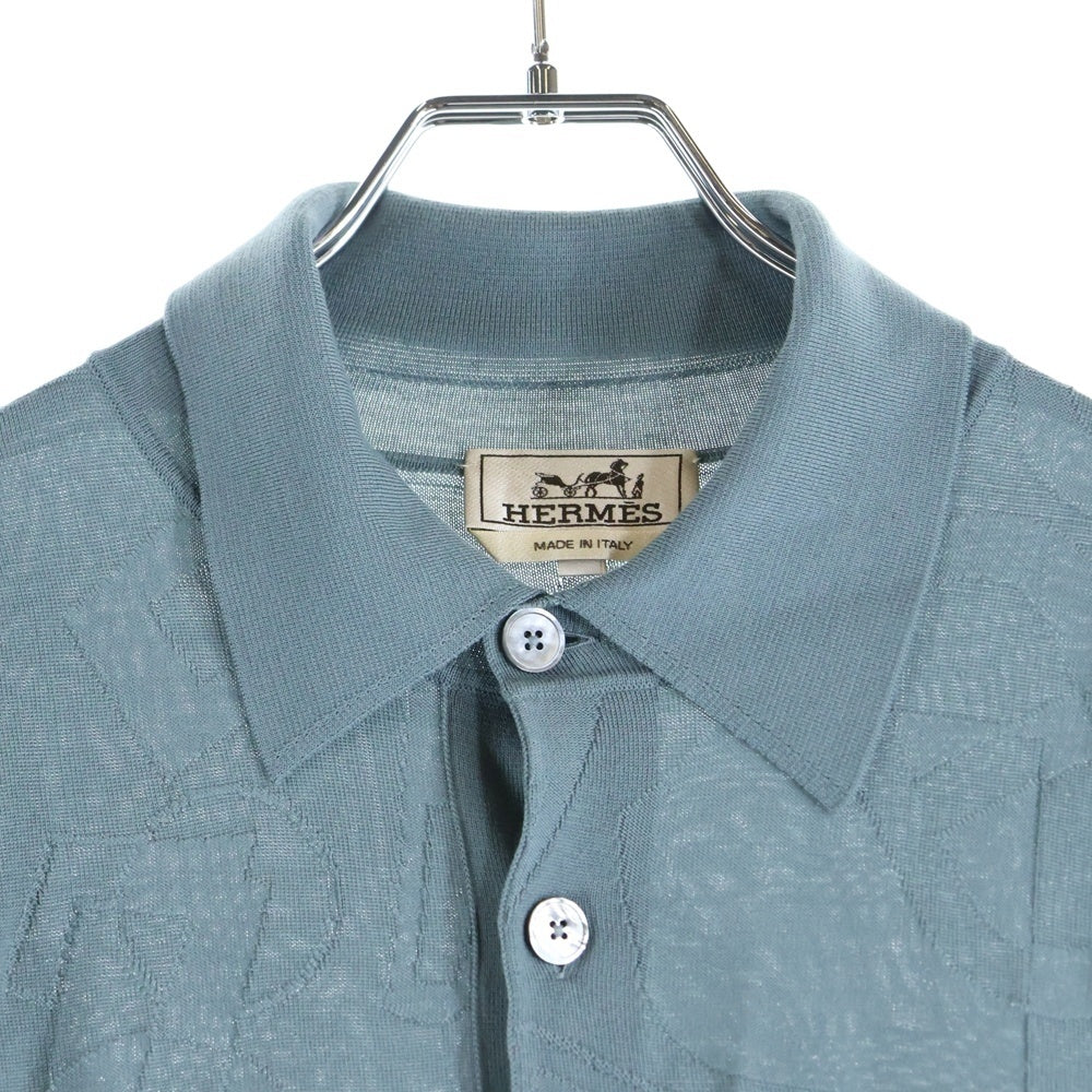 HERMES(エルメス) 25SS 総柄ジャガード ウールニット 半袖ポロシャツ ブルーグレー