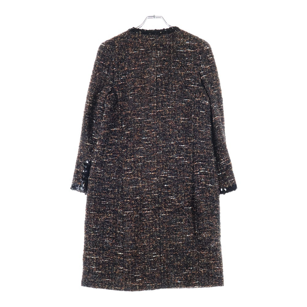 CHANEL(シャネル) 02AW モヘア混ツイード スパンコール装飾 ノーカラー 10B ロング ジャケット コート ブラウン/ブラック レディース P20135V11685