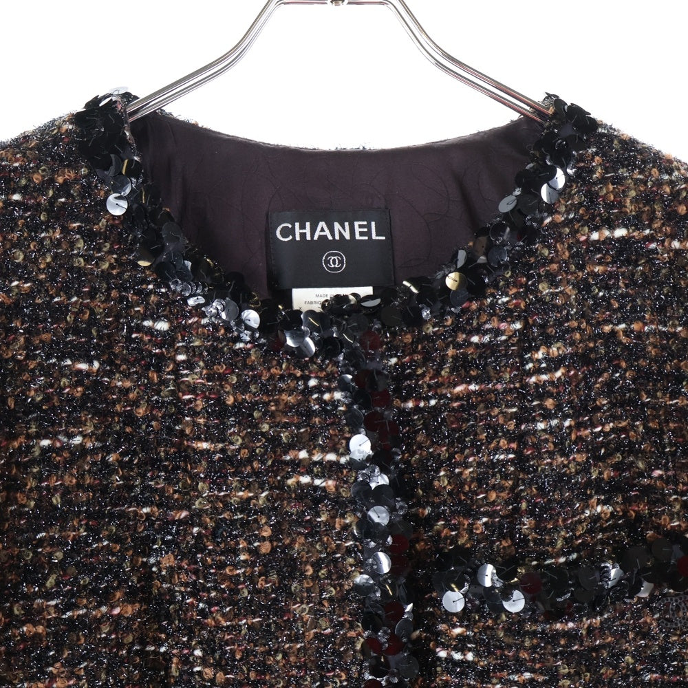 CHANEL(シャネル) 02AW モヘア混ツイード スパンコール装飾 ノーカラー 10B ロング ジャケット コート ブラウン/ブラック レディース P20135V11685