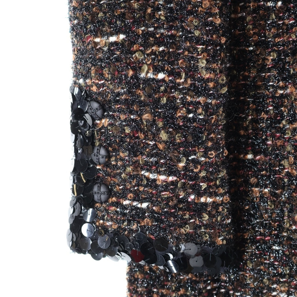 CHANEL(シャネル) 02AW モヘア混ツイード スパンコール装飾 ノーカラー 10B ロング ジャケット コート ブラウン/ブラック レディース P20135V11685