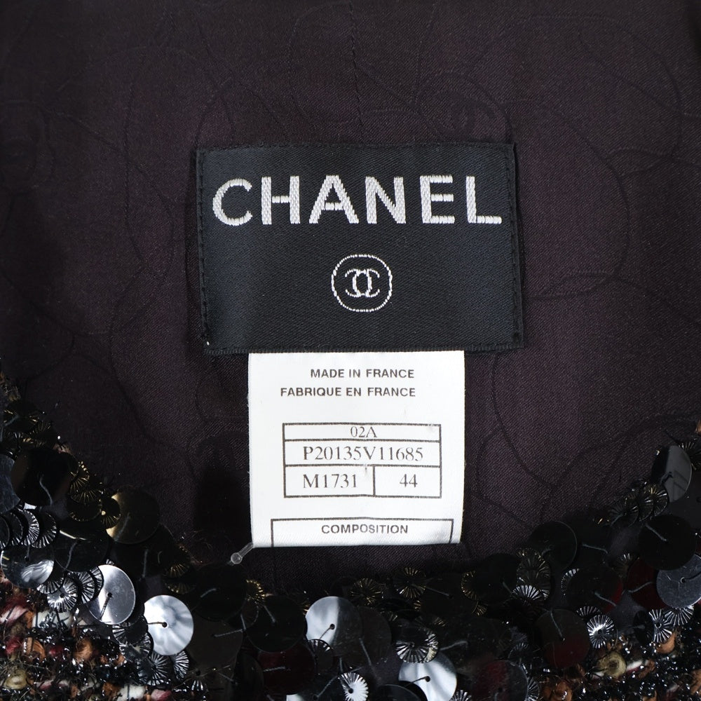 CHANEL(シャネル) 02AW モヘア混ツイード スパンコール装飾 ノーカラー 10B ロング ジャケット コート ブラウン/ブラック レディース P20135V11685