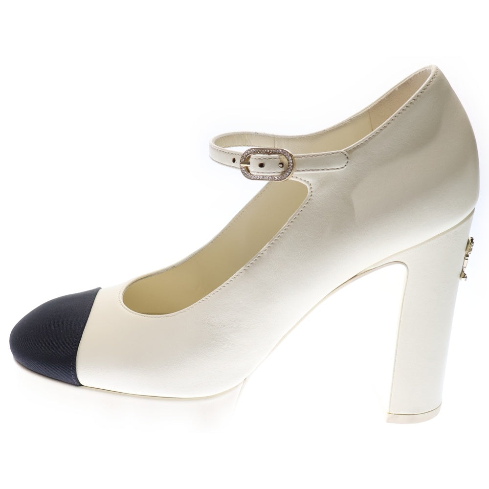 CHANEL(シャネル) 25SS ココマーク ビジュー レザー ヒール ストラップ パンプス シューズ メリージェーン ホワイト/ブラック レディース G46475