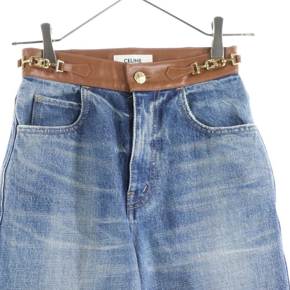 CELINE(セリーヌ) トリオンフ レザー切替コットンデニムパンツ インディゴブルー 2N860930F レディース
