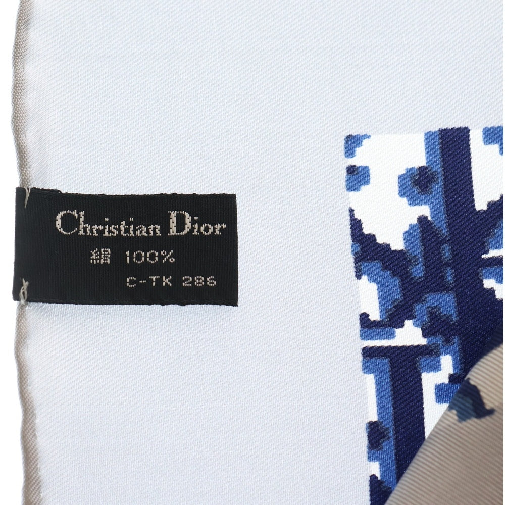 Christian Dior(クリスチャンディオール) トロッター ロゴ シルクスカーフ ホワイト×グレー×ブルー レディース