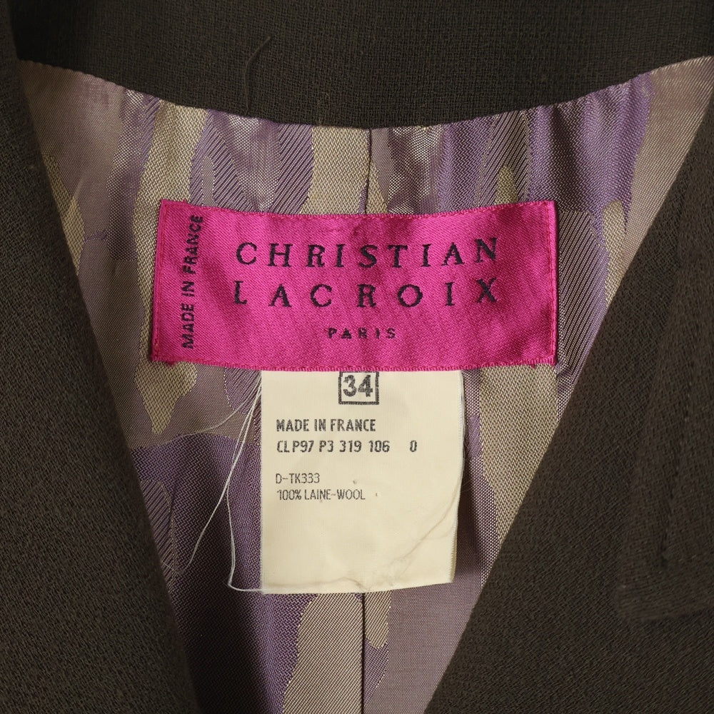 Christian Lacroix(クリスチャンラクロワ) セットアップ 裏地総柄 ウール 1B ピークドラペル テーラードジャケット タイトミニスカート ブラウン レディース