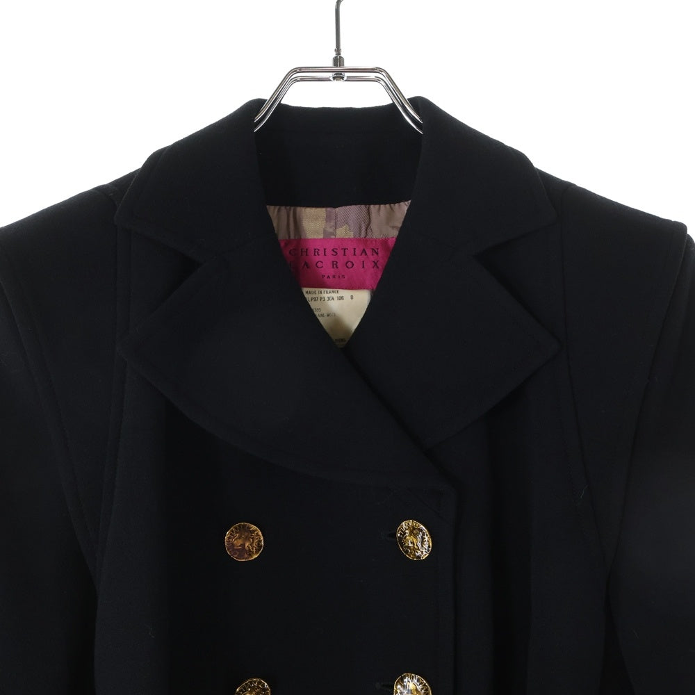 Christian Lacroix(クリスチャンラクロワ) セットアップ 裏地総柄 ウール ロゴボタン ダブルブレスト テーラード ロング ジャケット コート タイトミニスカート ブラック レディース