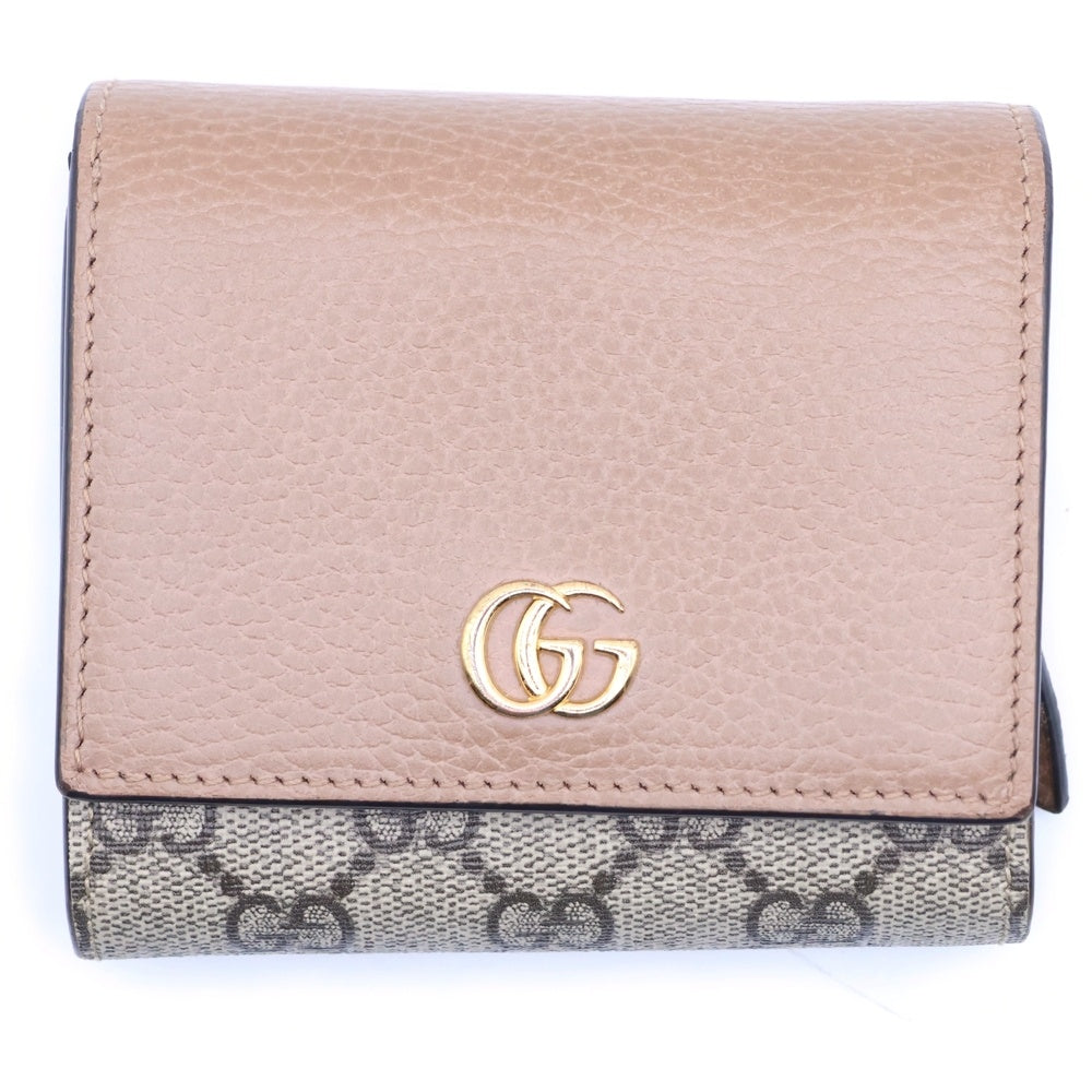 GUCCI(グッチ) GGマーモント 二つ折り財布 コンパクトウォレット コインケース ベージュ×ブラウン キャンパス×レザー 598587 ゴールド金具 レディース