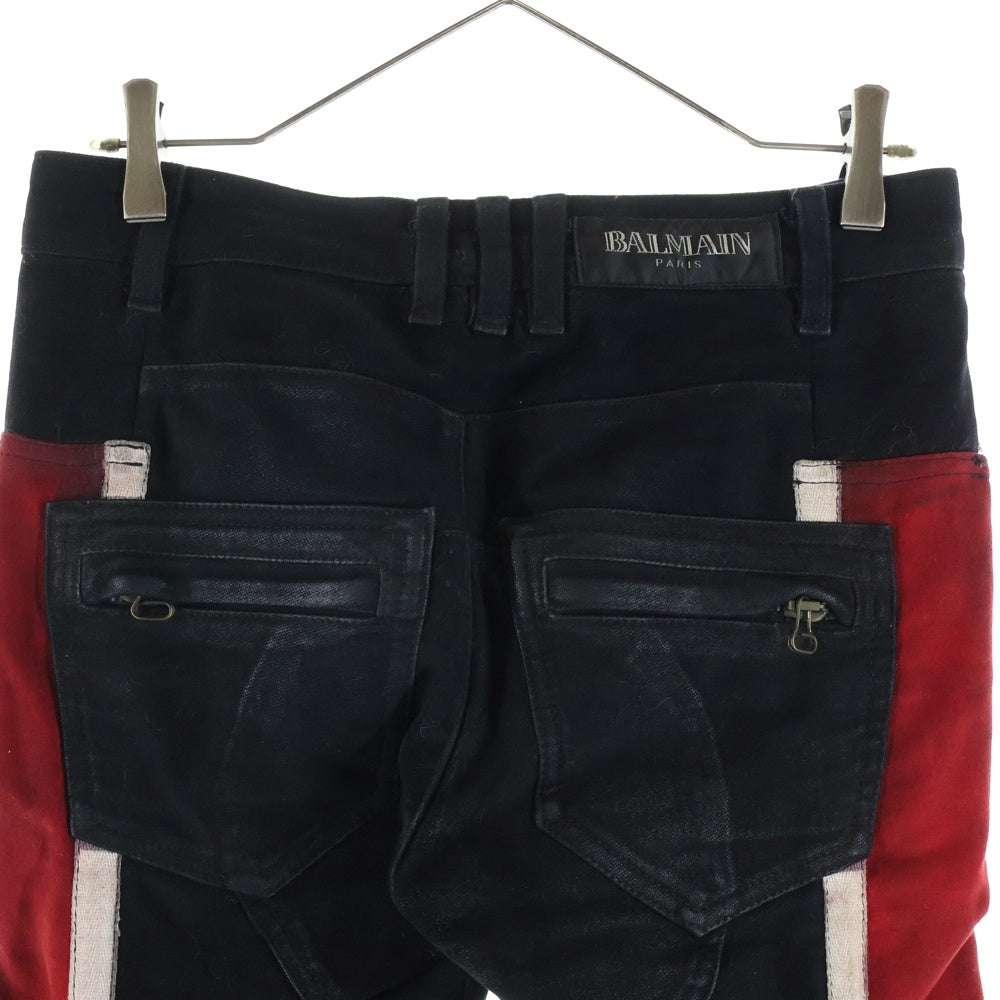 BALMAIN(バルマン) 10AW サイドライン 裾ジップ ニューバイカーデニム ブラック/レッド