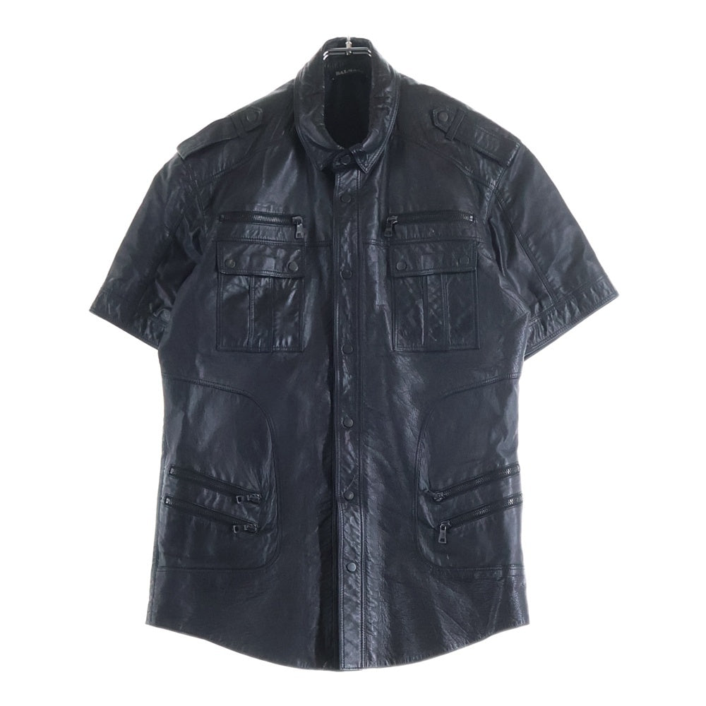 BALMAIN(バルマン) レザーバイカー スナップボタン 半袖シャツ ブラック