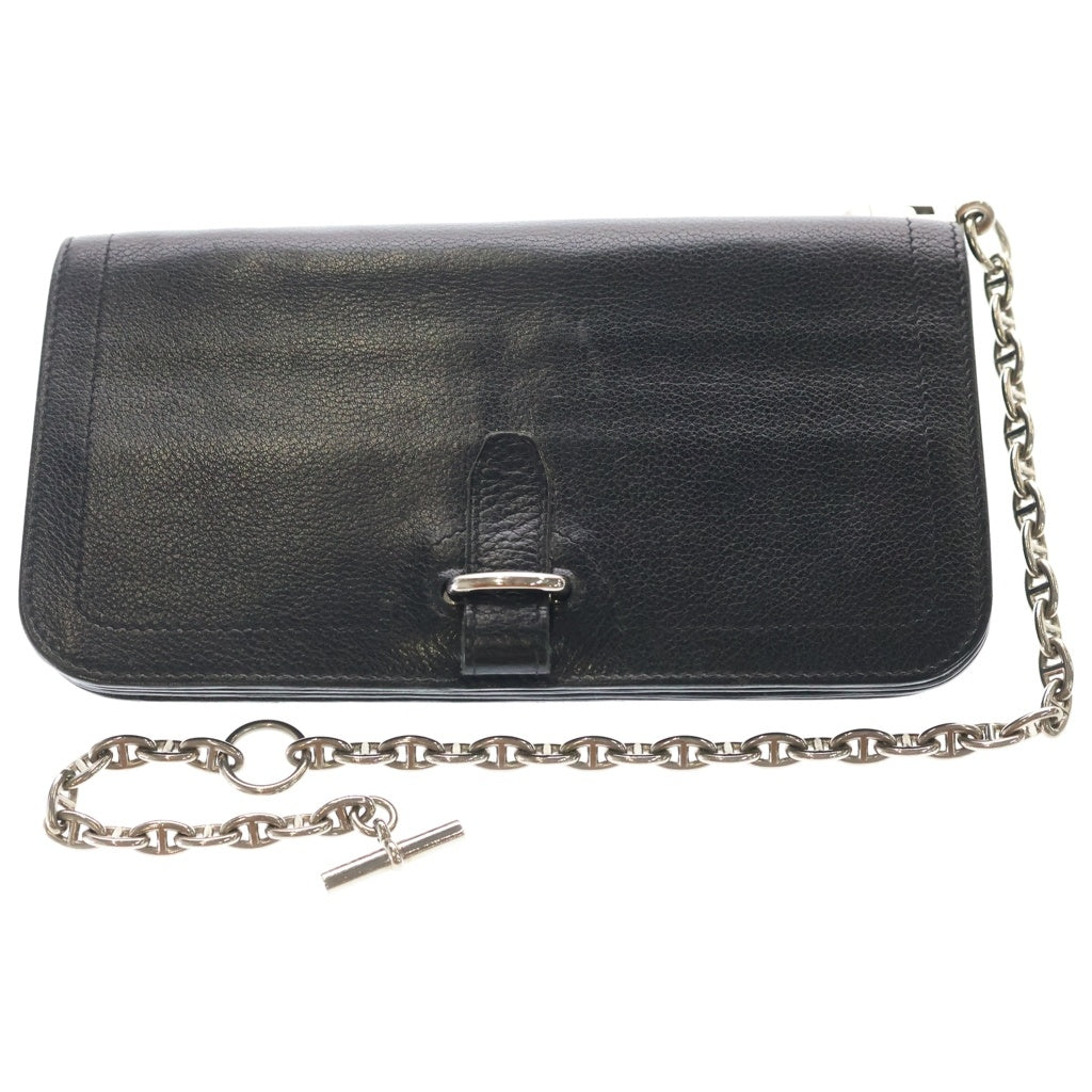 HERMES(エルメス) バイカーチェーン チェーン付きウォレット 二つ折り長財布 ブラック レザー □N刻印 シルバー金具