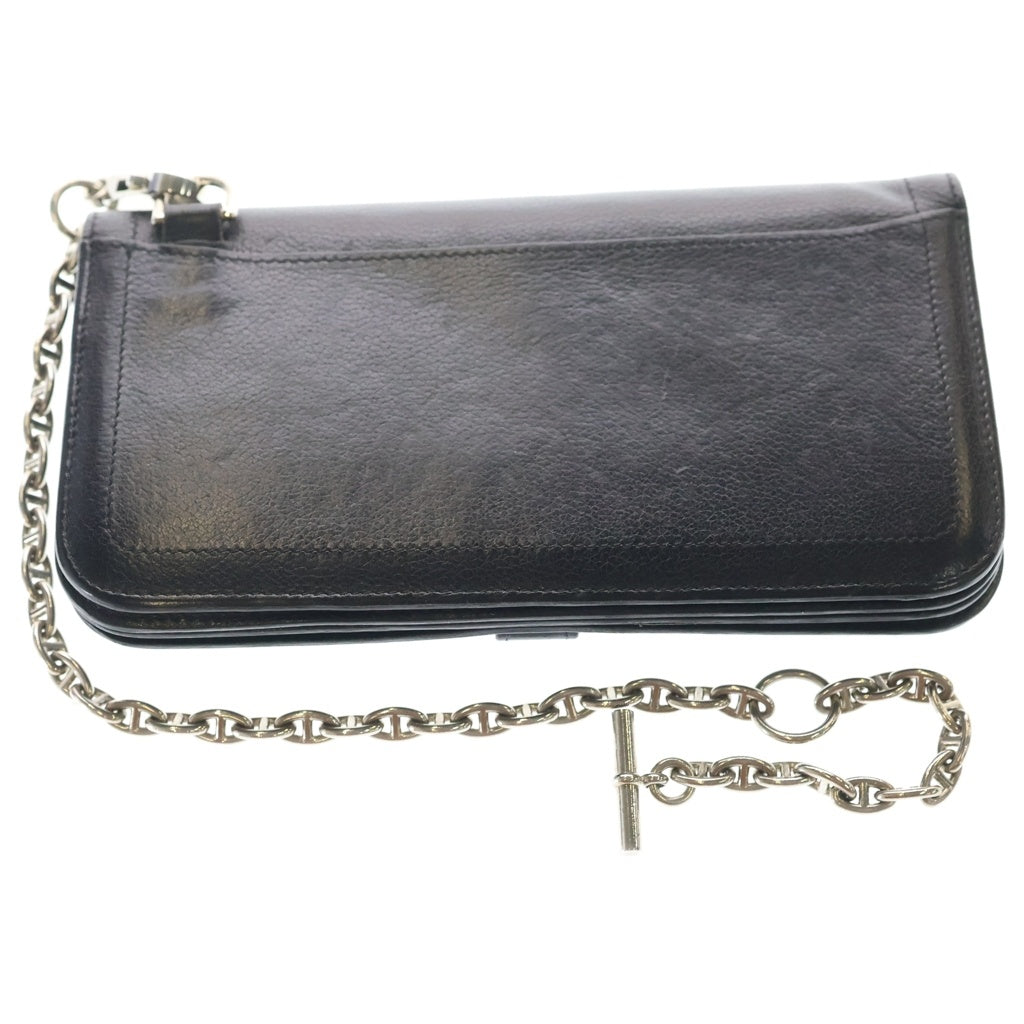 HERMES(エルメス) バイカーチェーン チェーン付きウォレット 二つ折り長財布 ブラック レザー □N刻印 シルバー金具