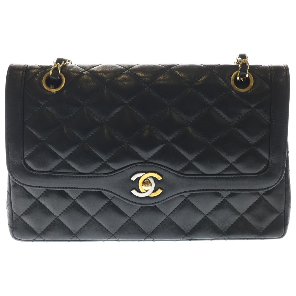 CHANEL(シャネル) マトラッセ パリ限定 ラムスキン レザー Wフラップ Wチェーン ショルダーバッグ ゴールド/シルバー金具 ブラック 2番台 レディース