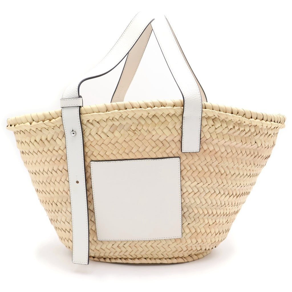 LOEWE(ロエベ) カゴハンドバッグ ラージ ホワイト×ベージュ レザー×ラフィア シルバー金具 レディース