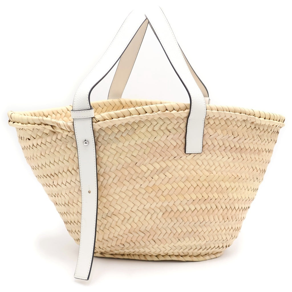 LOEWE(ロエベ) カゴハンドバッグ ラージ ホワイト×ベージュ レザー×ラフィア シルバー金具 レディース