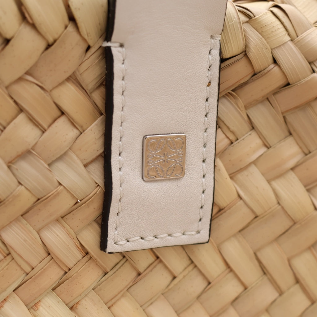 LOEWE(ロエベ) カゴハンドバッグ ラージ ホワイト×ベージュ レザー×ラフィア シルバー金具 レディース