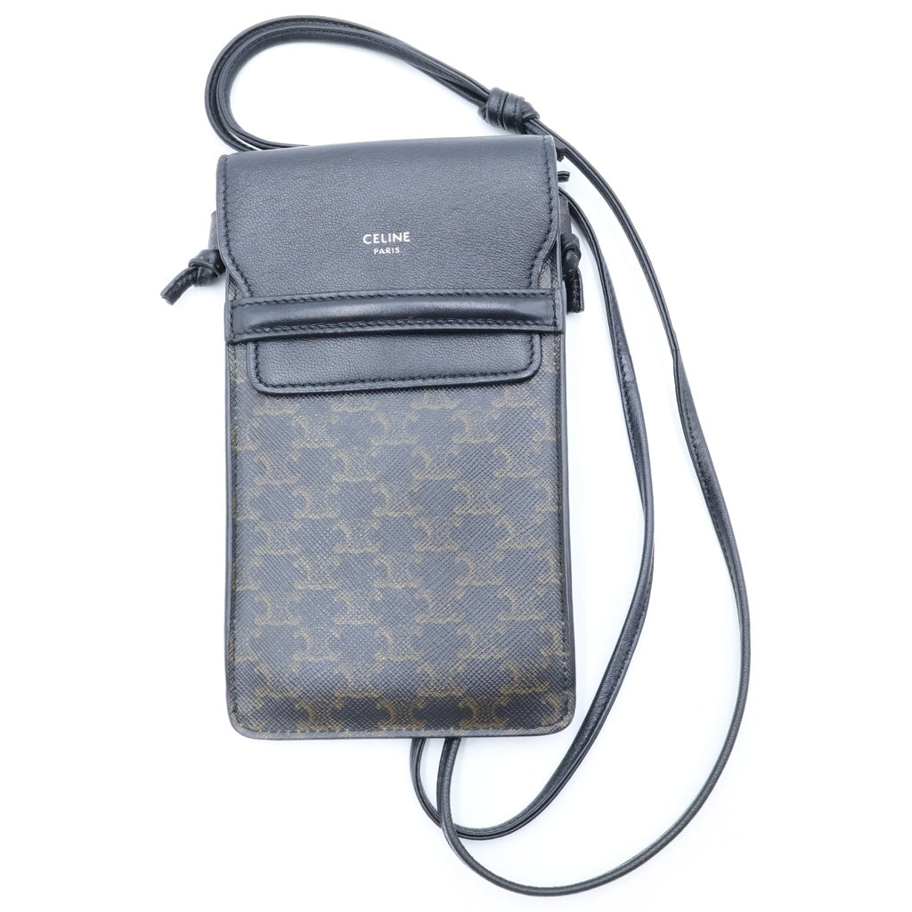CELINE(セリーヌ) トリオンフ マカダム柄 スマホホルダー ショルダーバッグ ブラック PVC×レザー AN-3212 レディース