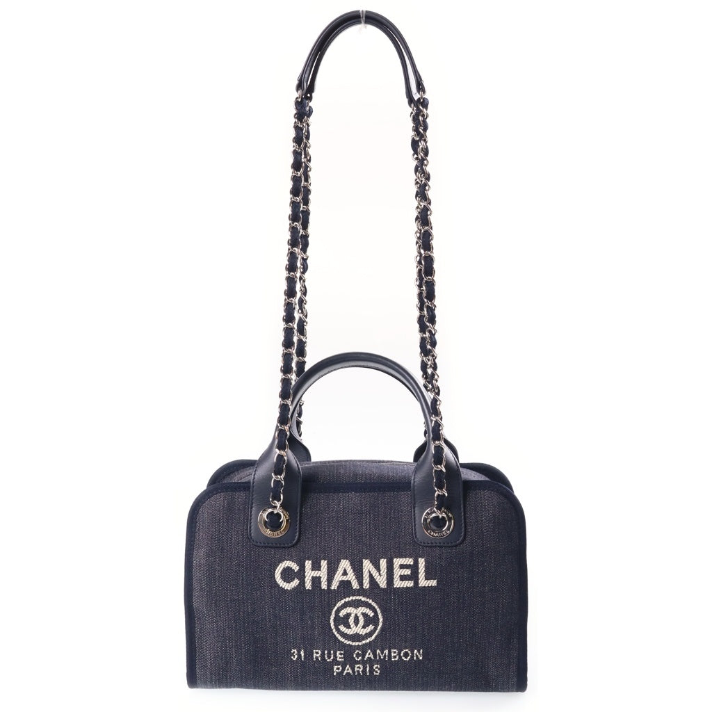 CHANEL(シャネル) ドーヴィル ボーリングバッグ チェーンハンドバッグ ショルダーバッグ ネイビー デニム×レザー A92749 シルバー金具 レディース
