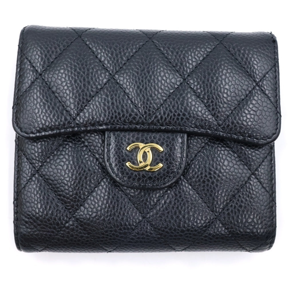 CHANEL(シャネル) ココマーク スモールフラップウォレット 三つ折り財布 コインケース ブラック キャビアスキン AP0231 ゴールド金具 レディース