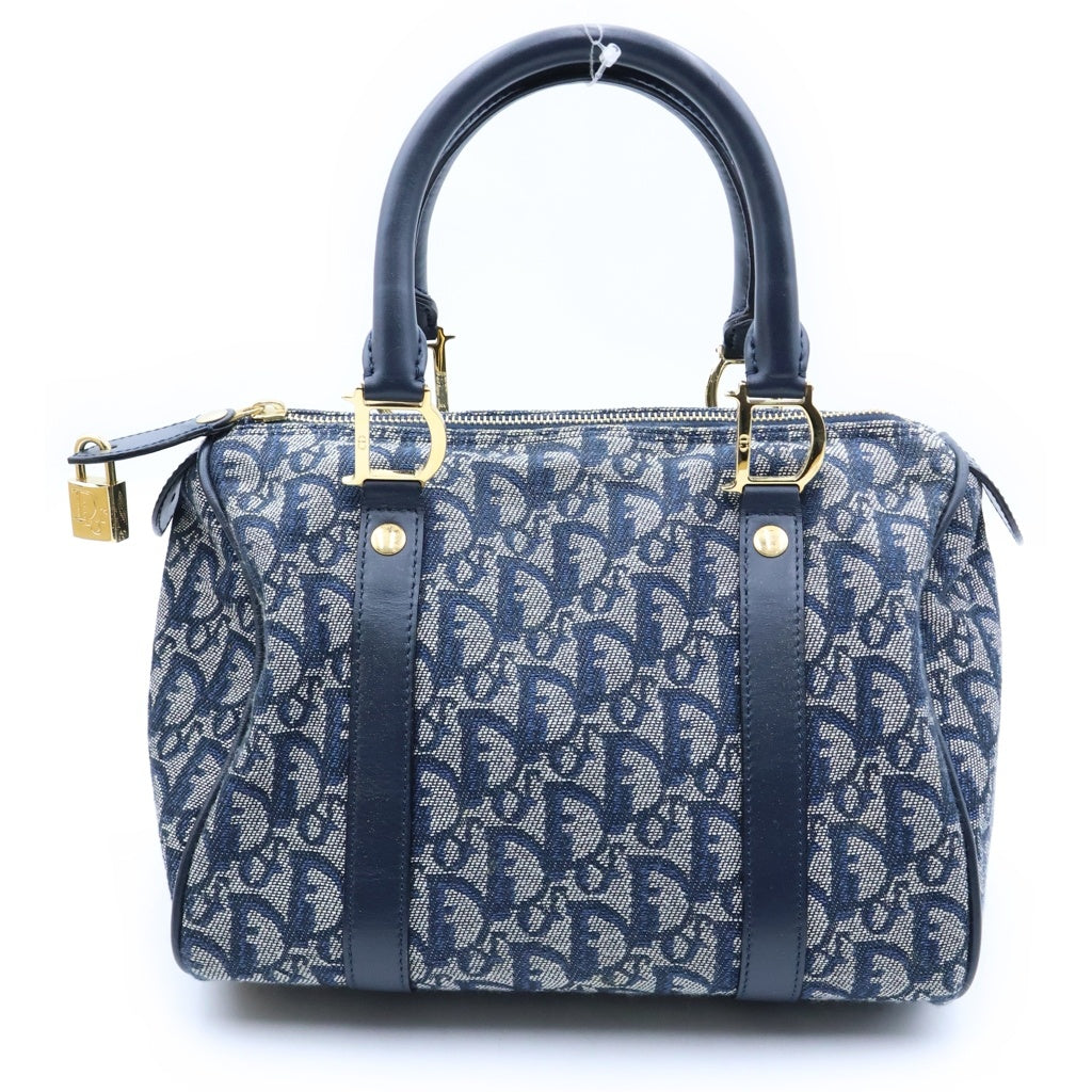 Christian Dior(クリスチャンディオール) トロッター ミニボストンバッグ ハンドバッグ ネイビーキャンバス×レザー レディース