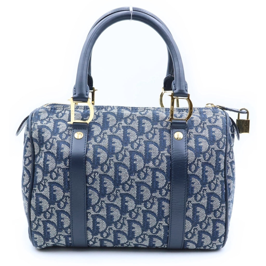 Christian Dior(クリスチャンディオール) トロッター ミニボストンバッグ ハンドバッグ ネイビーキャンバス×レザー レディース