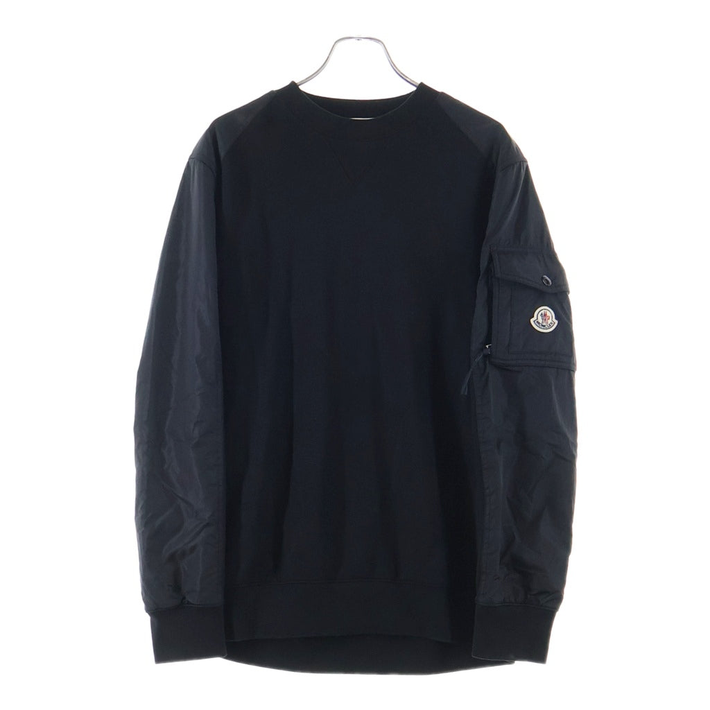 MONCLER(モンクレール) Sweat and Nylon Combination Pullover Sweatshirt K20918G00049 89A8F ロゴワッペン付き ナイロン切り替え プルオーバースウェット ブラック