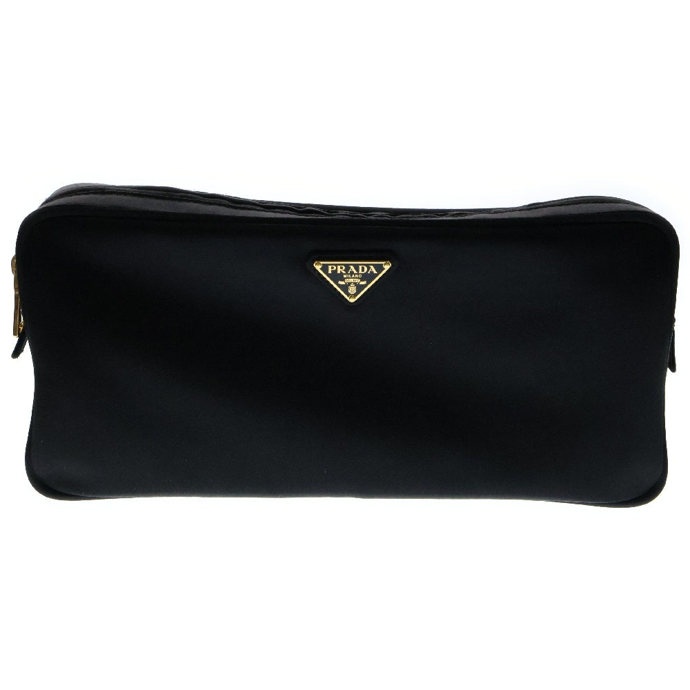 PRADA(プラダ) トライアングルロゴ ポーチ ブラック シルクサテン アクセサリー収納 ゴールド金具 1RU003