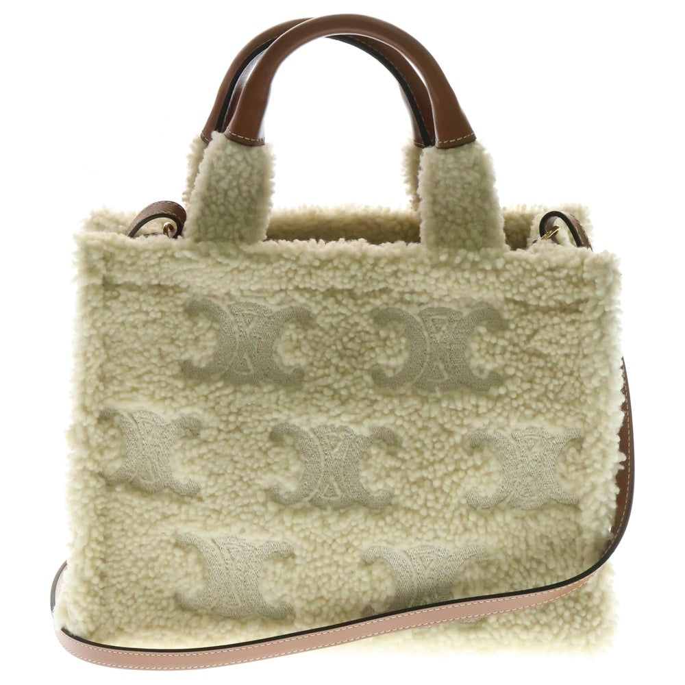 CELINE(セリーヌ) Small Cabas Thais Triomphe スモールカバタイス トリオンフ刺繍 2WAY ボアハンドバッグ ショルダーバッグ ベージュ×ブラウン レディース 199163FK5.02NT