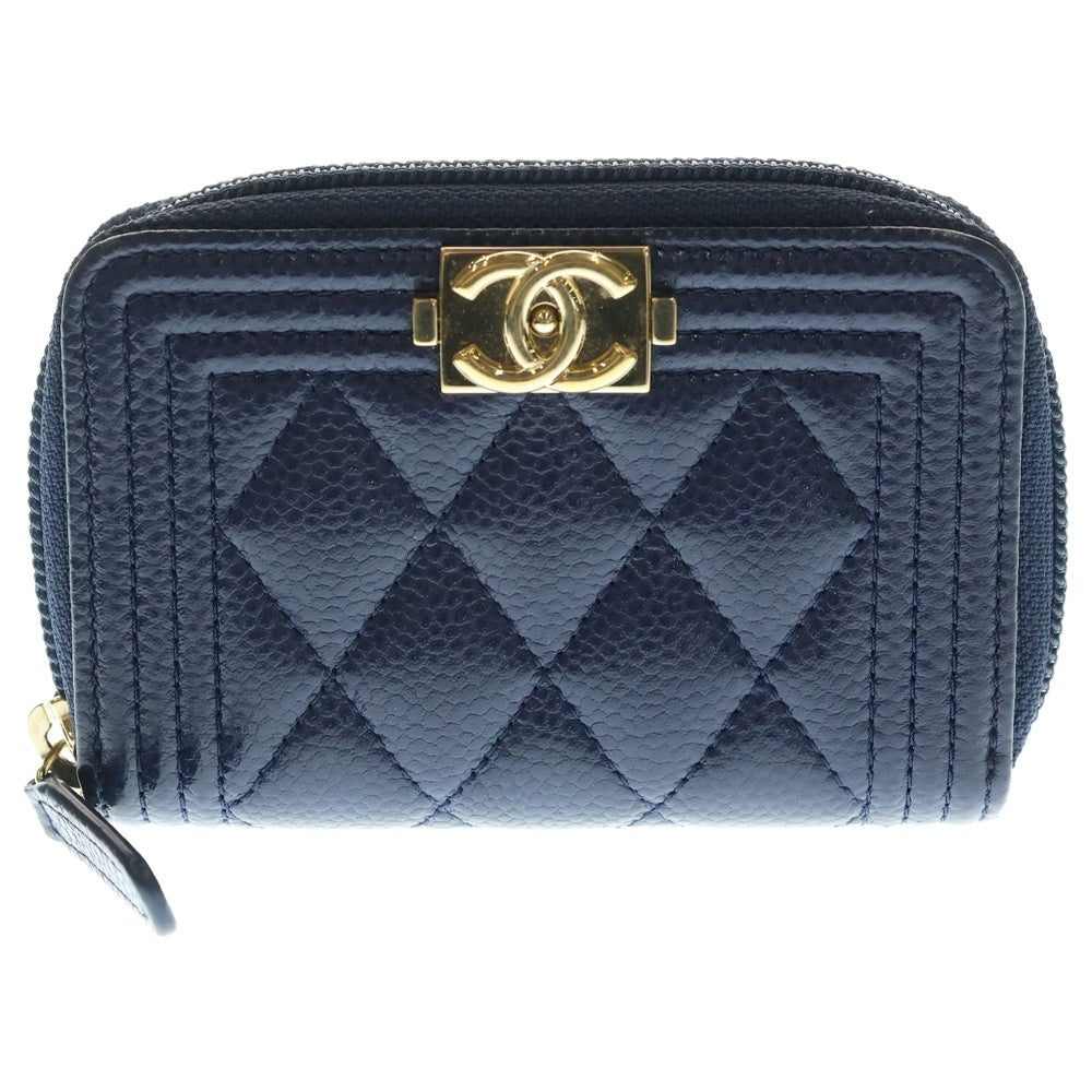 CHANEL(シャネル) ボーイシャネル ラウンドファスナー カード・コインケース 財布 ウォレット ネイビー ブルー キャビアスキン ゴールド金具