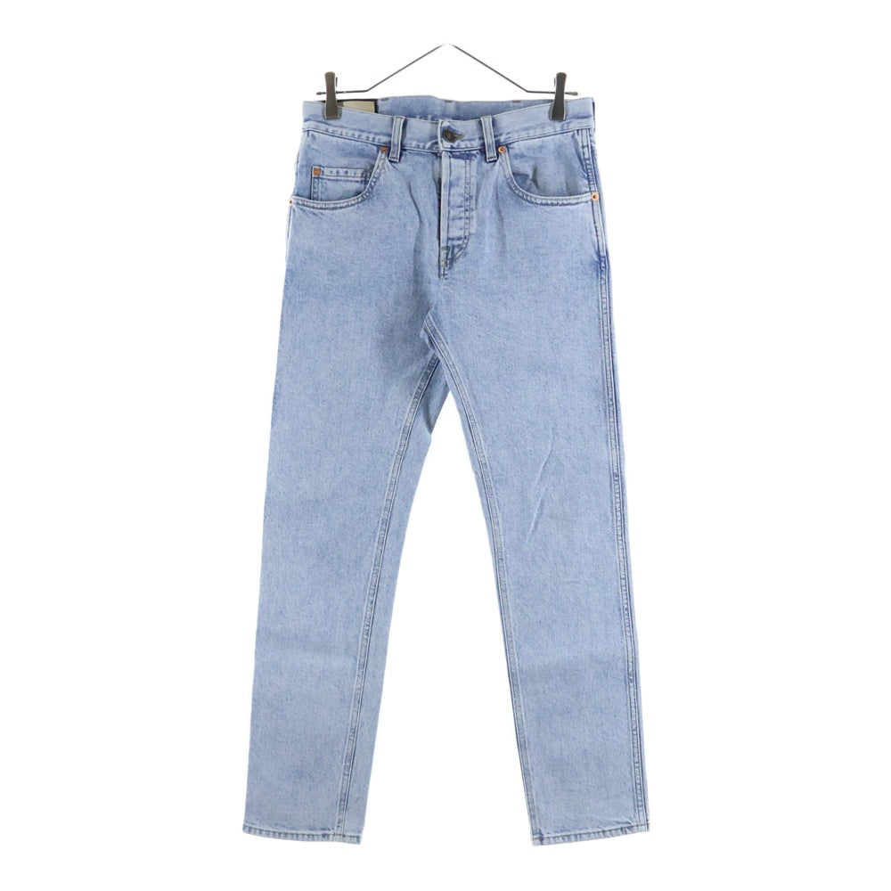 GUCCI(グッチ) ヴィンテージロゴプリント レザーパッチ ウォッシュ加工 ボタンフライ テーパード デニムパンツ ジーンズ インディゴ レディース 408637