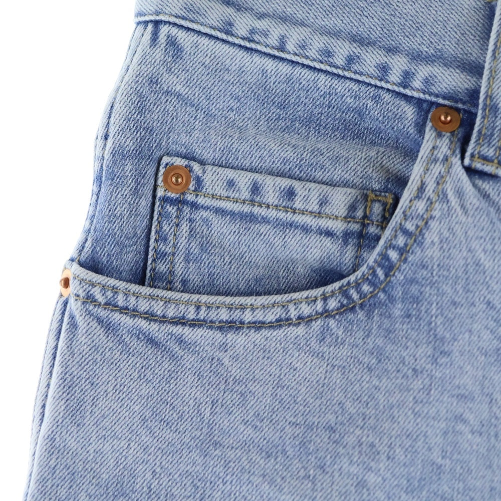 GUCCI(グッチ) ヴィンテージロゴプリント レザーパッチ ウォッシュ加工 ボタンフライ テーパード デニムパンツ ジーンズ インディゴ レディース 408637