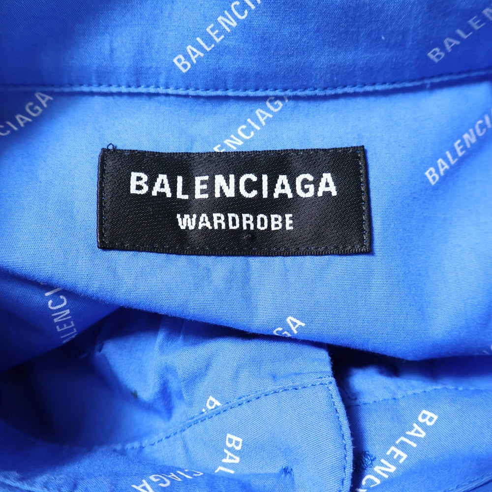 BALENCIAGA(バレンシアガ) 18SS ロゴ総柄 フロントポケット ボタンダウン半袖シャツ ホワイト/ブルー 534332 TBL96