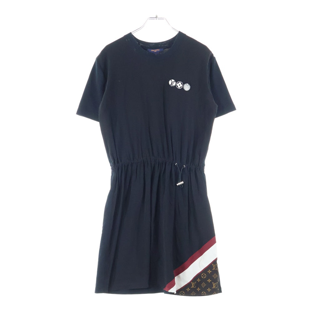 LOUIS VUITTON(ルイヴィトン) 20SS ワッペンロゴ モノグラム柄切り替え シルク ドローストリング クルーネック 半袖 カットソー ワンピース ブラック レディース RW201A JG2 FIDB16