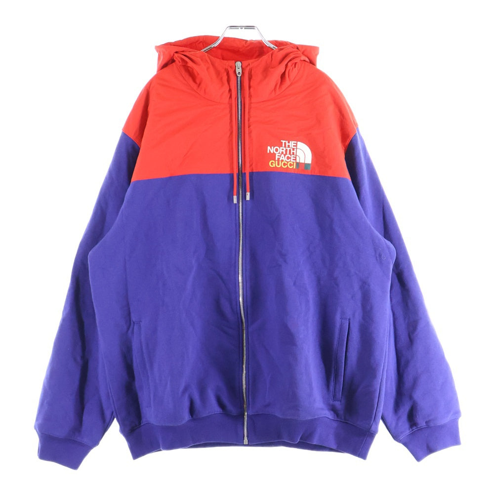 GUCCI(グッチ) 21AW バックロゴプリント バイカラー ナイロン切り替え ジップアップ スウェットパーカー フーディー レッド/ブルー 671462