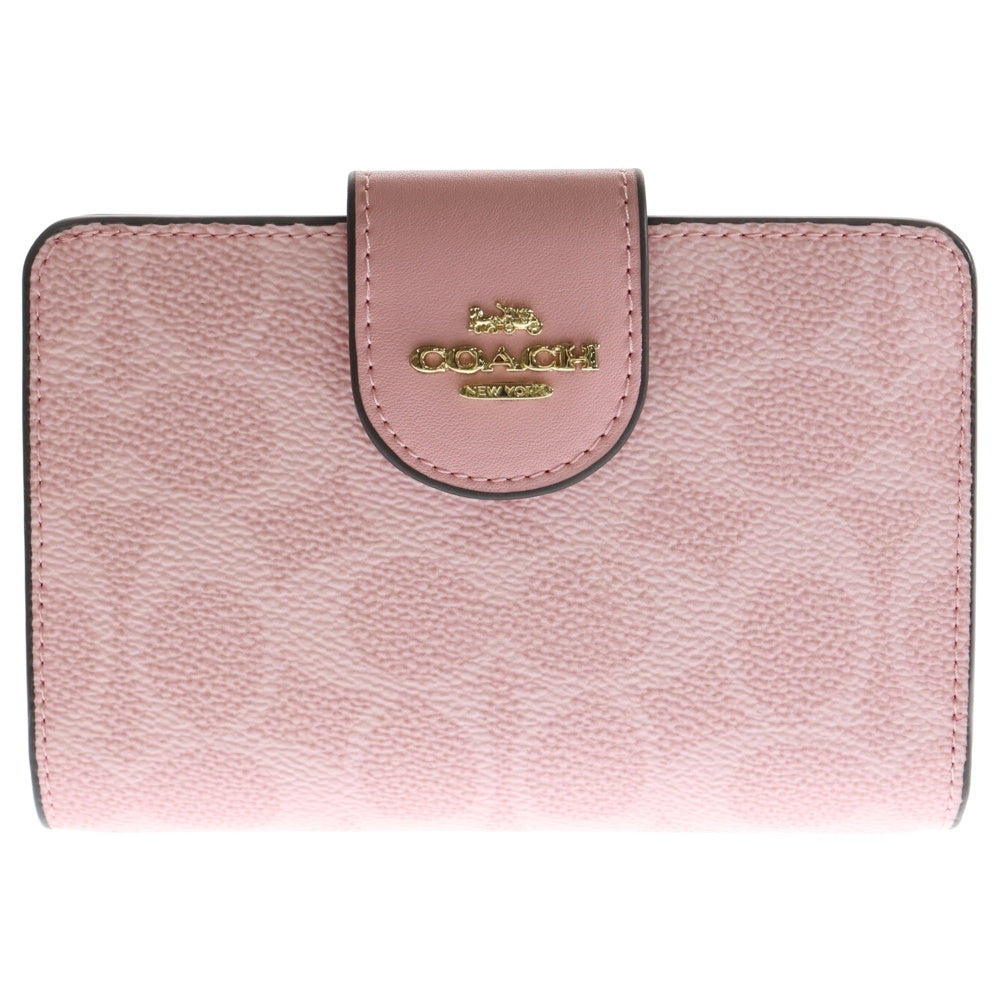 COACH(コーチ) シグネチャーロゴ コンパクトウォレット 三つ折り財布 コインケース ピンク PVC レザー ゴールド金具 レディース